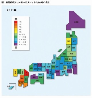 肉を最も多く食べるのは○○県民!　食肉店の都道府県別分布-NTT情報開発