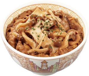 すき家、バターと焦がし醤油の「3種のきのこ牛丼」発売