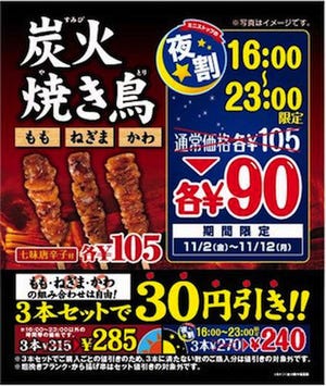 ミニストップが炭火焼き鳥夜割セールを実施! 16時～23時は1本90円に