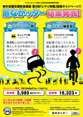 "あわや交通事故!"のヒヤリ体験を投稿-「危なかッター」入賞作品を発表