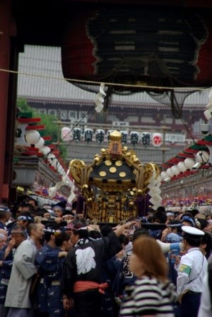 東京都浅草で、浅草近辺の町から神輿が大集合する「三社祭」開催