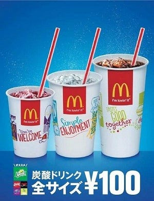 マクドナルド、炭酸ドリンク全サイズ100円に