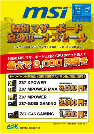 Haswellとの同時購入でMSI製ハイエンドマザーが最大3000円引きのキャンペーン