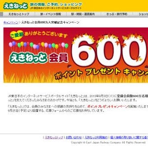 「えきねっと」会員600万人突破 - 600ポイント当たる記念キャンペーン実施