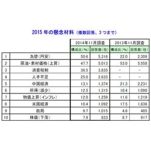 2015年の企業の景気見通し、懸念材料は「円安」最多--"景気回復"見込13.4%