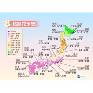 ウェザーニューズ「第三回桜開花予想」 - 東京都の開花はやや遅め?