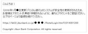 件名が「じぶん銀行本人認証サービス」などの不審なEメールに注意