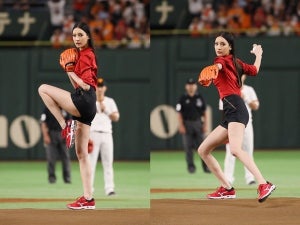 菜々緒、美脚踏み出して始球式もワンバウンド「うーん、悔しい!」