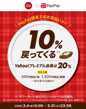 PayPay、ガストで最大20%還元のキャンペーンを実施