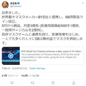 ソフトバンクG、中国BYD社との協業で3億枚/月のマスクを製造へ