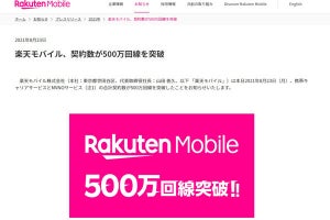 楽天モバイル、MNOとMVNOサービスの合計契約数が500万回線に