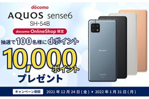 「AQUOS sense6」ドコモオンラインショップ購入者から抽選で100名に10,000ポイント