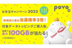 au、povo2.0の3GB以上のデータトッピング購入で最大100GBプレゼント