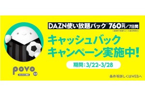 povo2.0、「DAZN使い放題パック」購入で全額キャッシュバック