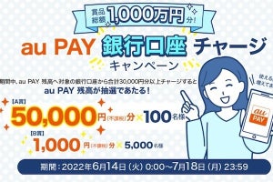 au PAY、銀行口座チャージで最大50,000円が当たるキャンペーン