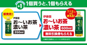 【お得】ファミマ「1個買うと、1個もらえる」7月5日スタートの対象商品は? - 「お～いお茶 濃い茶」350ml購入で600mlボトルがもらえる!