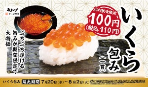 【期間限定】かっぱ寿司、110円で「いくら包み(一貫)」提供