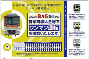 東京メトロ有楽町線小竹向原～新木場間、8/6からワンマン運転開始