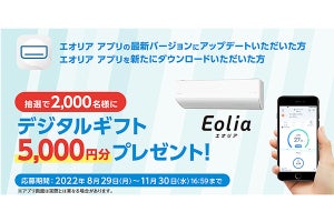 「エオリア アプリ」アップデートで、抽選2,000名に5,000円分ギフト贈呈