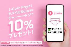 みずほ銀行などの「J-Coin Pay」、モバイルSuicaへのチャージで10％還元