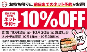 スシロー、持ち帰り予約で10%OFF&何度でも5%OFFになるクーポンが期間限定で登場!