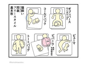 【イラスト】猫と寝るときの「あるあるスタイル5選」が大きな話題に!! 「トートバッグやりたい」「ギブンバースとピューマが多い」の声続々