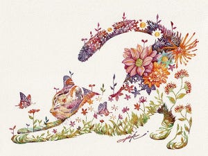 【透明水彩】美しい草花で描かれたのは「伸びをする猫」だった!「やさしさでいっぱい」「引き込まれる魅力」「ハイセンス」とツイ民大絶賛!!