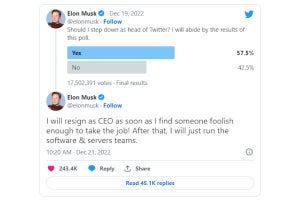 イーロン・マスク氏がTwitter社のCEO辞任へ、投票受け「後任が見つかり次第」