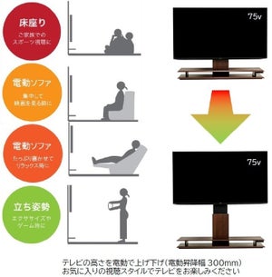 リモコンでテレビの高さを変えられる! 電動昇降テレビスタンド「e-RIZE/イーライズ」発売