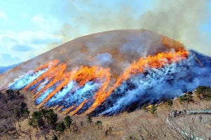 赤い炎が駆け上がる！伊東の春の風物詩「大室山山焼き大会」開催