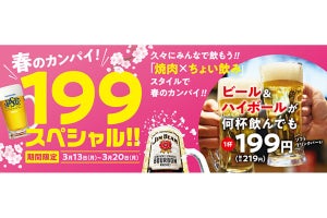 焼肉の和民、期間限定でビール・ハイボールなどが何杯でも1杯219円