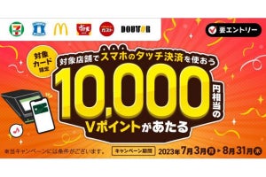 三井住友カード、コンビニや飲食店でスマホのタッチ決済を使うと抽選で10,000ポイント進呈