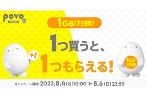 povo2.0、1GB（7日間）のデータトッピング購入でもう1つプレゼント