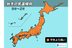 【天気】今冬は暖冬傾向、9〜2月の気温は平年より高い予想 - 降水量・降雪量は?