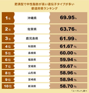 「肥満型で中性脂肪が高い遺伝子タイプが多い都道府県ランキング」2位は佐賀県、1位は? 