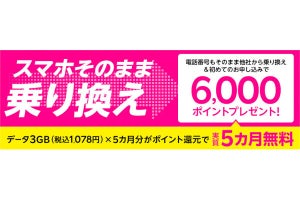 楽天モバイル、他社からの乗り換えで6,000ポイント進呈 - 「誰でも3,000ポイント」は終了