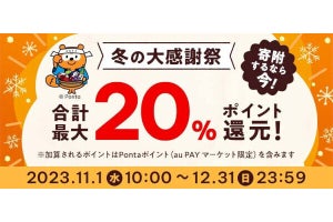 au PAY ふるさと納税、ポイント最大20％還元の「冬の大感謝祭」