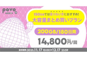 povo2.0、200GB（180日間）で14,800円の期間限定トッピング