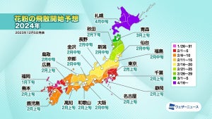 【2024年】スギ花粉は1月下旬から飛散開始、暖冬で飛散開始が早まる予想 - 北海道では平年の約2倍の飛散量