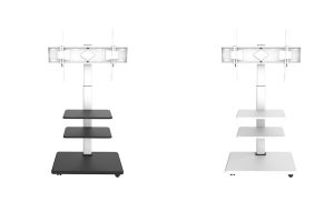 白い壁紙に溶け込む、最大70型対応のテレビスタンド- 棚板は白・黒の2色