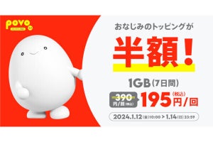 povo2.0、データ1GB（7日間）トッピングを1月14日まで半額に