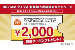 「BIC SIM」タイプA（au回線）の申込でau PAY2,000円引きクーポン進呈