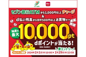 d払い、セブン銀行ATMからのチャージ・利用で最大10,000ポイントが当たるキャンペーン