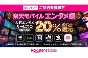 楽天モバイル、DAZNやABEMAプレミアムなどのサービス契約でポイント20％還元