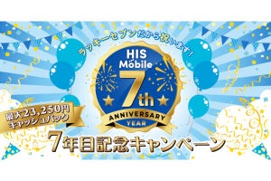 HISモバイル、最大23,250円キャッシュバックの「7年目記念キャンペーン」