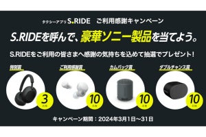 タクシーアプリ「S.RIDE」利用でソニー製ヘッドホンなどが当たるキャンペーン