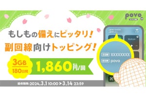 povo2.0、3GB／180日間で2,480円の期間限定トッピング