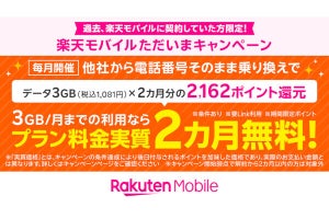 楽天モバイル、出戻りユーザー向けの「ただいまキャンペーン」 - 3GB×2カ月の料金相当をポイント還元