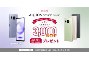 「AQUOS sense8」をドコモオンラインショップで買うと3,000ポイント進呈