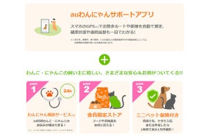 犬・猫の散歩記録や健康管理ができる「auわんにゃんサポート」